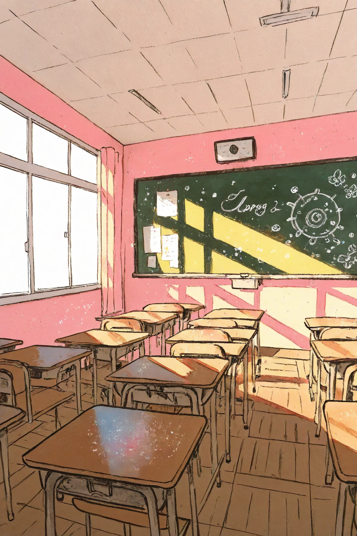   alone girl in an empty classroom after school, blackboard ,window,Classroom on the 2nd Floor ,Painted in watercolor、 conceptual art    , Rory Greasley, Most beautiful view  ,  Big Perspective,   just a joke  ,  Visually Stunning Scenes ,  great background , Very Thin Ink Lines   ,Drawn with a single line,    ink outline   ,    Ultra Fine  , hand drawn, ジャン・ジロー・メビウスによる Very Thin Ink Lines    ,    Warm Line Art ,    Illustration Black Outline   , fine inking lines,  is anatomically correct ,  pink pastel illustration  