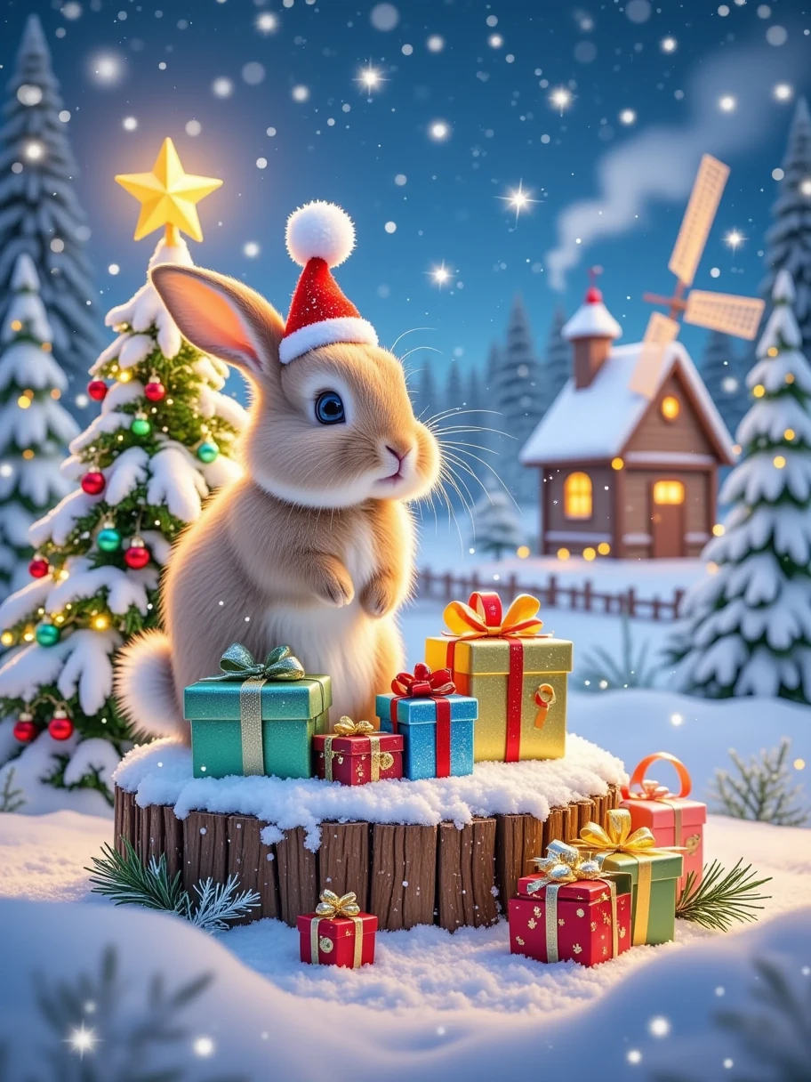 Create a delightful and jolly scene centered around an adorable rabbit during Christmas time. The rabbit should be wearing a miniature elf hat and have its soft fur dusted with a light sprinkling of snow, as it gracefully sits on a stump covered in snow. The stump should be surrounded by a collection of beautifully wrapped Christmas presents in various colors and sizes. Nearby, a snow-covered holly bush is decorated with shiny red berries and twinkling silver tinsel. In the background, a peaceful winter landscape with snowflakes gently falling, and in the distance, a charming little windmill with a warm glow coming from its windows, all under a starlit Christmas Eve sky