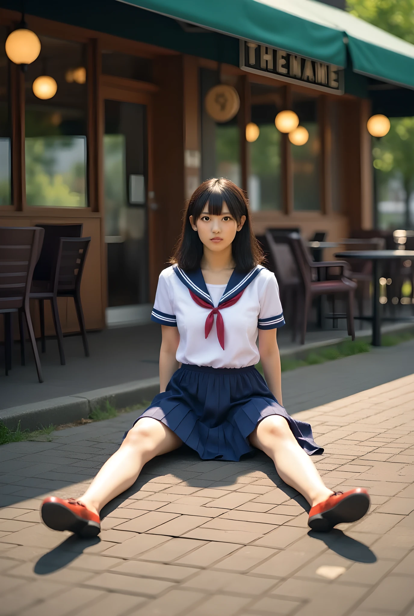 A woman in a high school uniform sits with her legs spread and lifts her skirt , wearing Lofer, It's live-action, in cafe terrace, peeing
