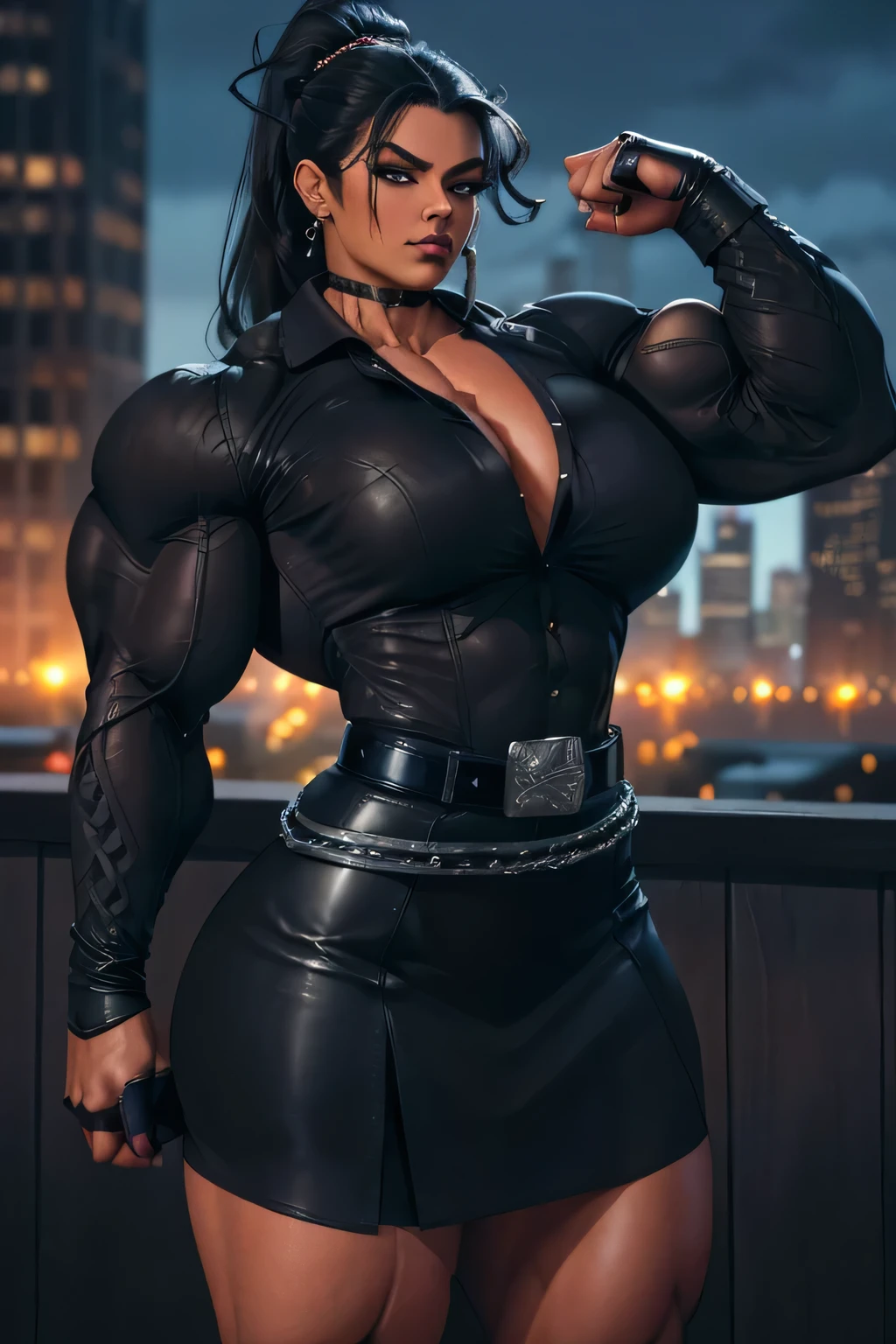 ((Close-up)), tall, (jet black hair) beautiful muscular woman, wavy ponytail, brown skinned, closed smile, (large breast), (black lipstick), (massive muscles), (hyper muscle), ((ginormous bulky muscles)), blue eyes, ((((long sleeve formal shirt)))), (((leather formal skirt with belt))), ((flexing on the rooftop)), (fingerless gloves), choker, boots, (night in Chicago),