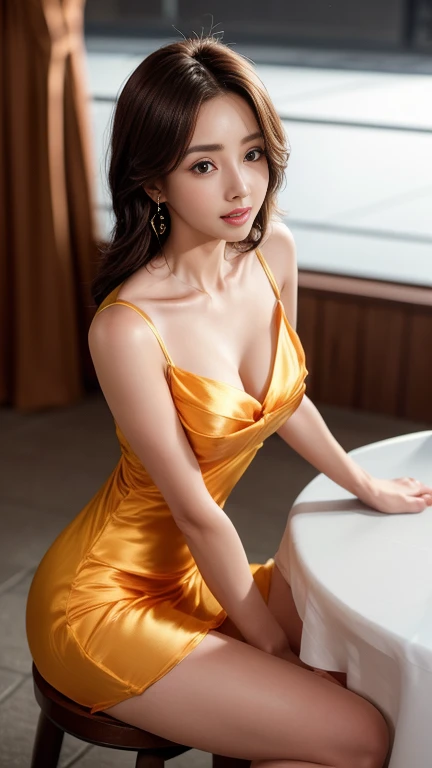 (8K、RAW Photos、Highest quality、masterpiece:1.2)、(Real、Photorealistic:1.4)、(nsfw:1.2)、Dynamic Angle、Sharp Focus:1.2、(超Realな肌の質感、Highly detailed eyes and face)、(Cool Japanese women:1.1)、Shiny skin、Large Breasts、Satin dress