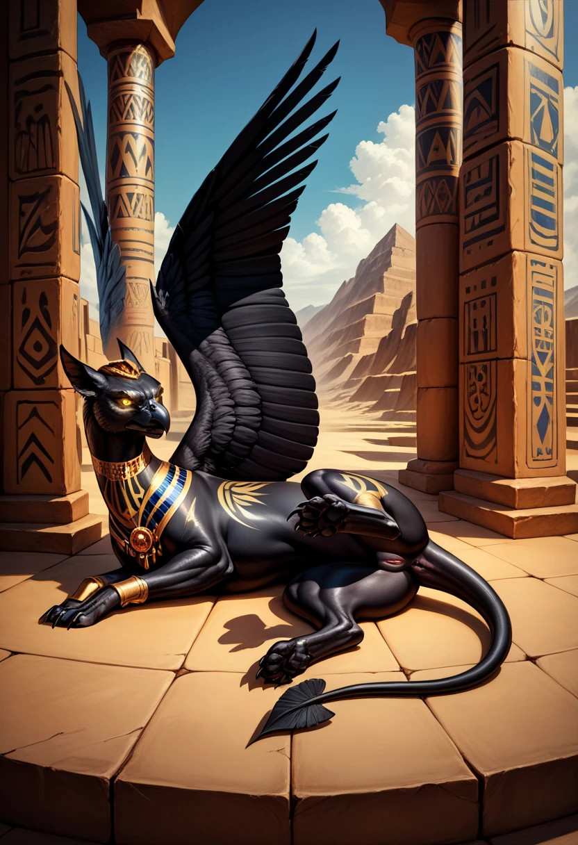 Masterpiece,  Best quality, full body, (((feral))), quadrupped,  Black griffin,  female, black body, black wings, angry demon, lies on side, ((pussy)),  egypt landscape, golden tattoo body, sensual eyes, yellow pupil, glowing eyes, dark atmosphere,  shadows, detailed background, 