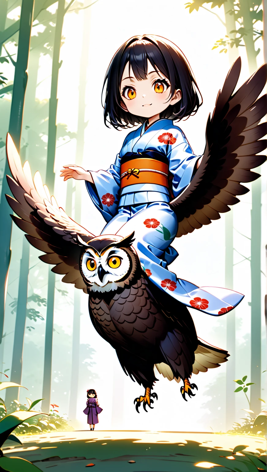  A girl is riding a giant owl , Japanese style yukata ，Hzk,    Ultra Miniature Girl   , 