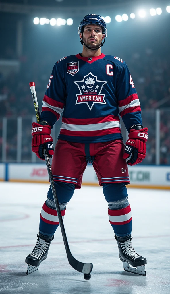chris evans is a ice hockey player, muscular body, massive bulge, he is in an ice rink