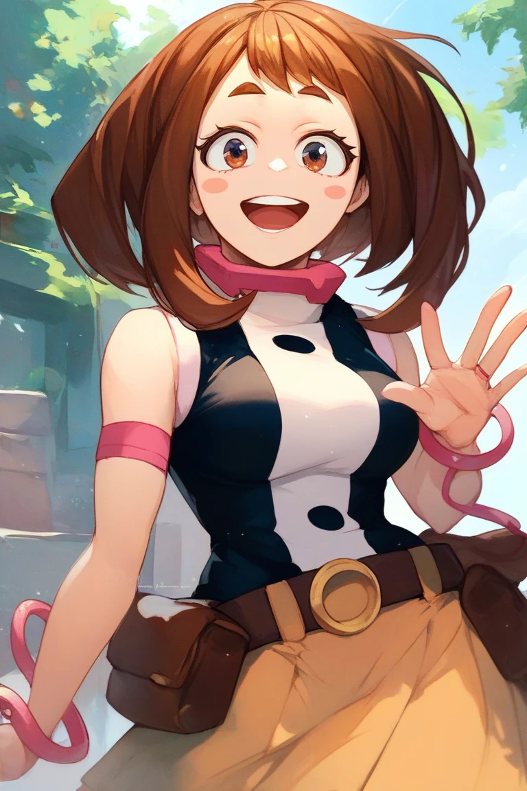 uraraka ochako, solo, 1girl, black turtleneck, sleeveless, golden brown skirt, dark brown belt, waving to viewer, side angle