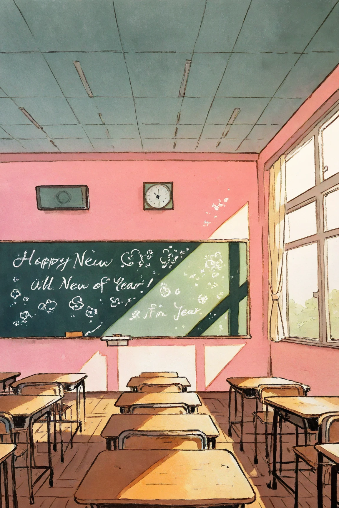   classroom with no one after school , on blackboard「happy new year」Character,window,Classroom on the 2nd Floor ,Painted in watercolor、 conceptual art    , Rory Greasley, Most beautiful view  ,  Big Perspective,   just a joke  ,  Visually Stunning Scenes ,  great background , Very Thin Ink Lines   ,Drawn with a single line,    ink outline   ,    Ultra Fine  , hand drawn, ジャン・ジロー・メビウスによる Very Thin Ink Lines    ,    Warm Line Art ,    Illustration Black Outline   , fine inking lines,  is anatomically correct ,  pink pastel illustration  