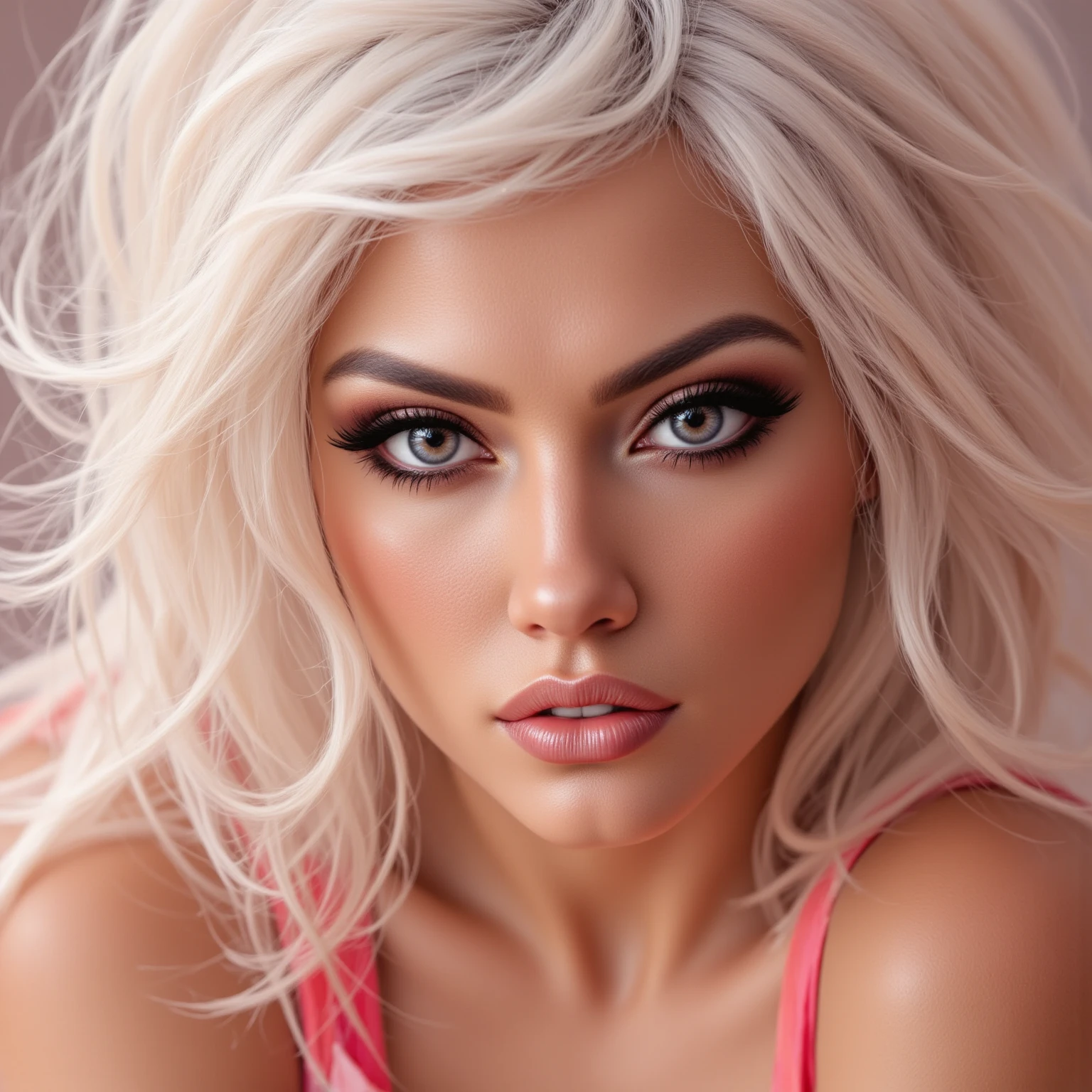 A close portrait of a woman, focusing on her eyes.  tanned, dark eyes,white With red highlights hair,, realistic, 4K, ultra detailed photography, sharp image,Full character. Silk dress with thin straps in beautiful pink. 