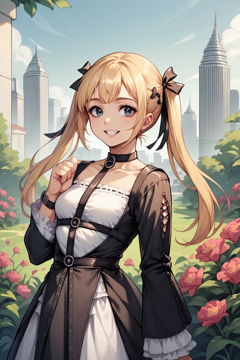 score_9, score_8_superior, score_7_superior, score_6_superior, sauce_anime, Break 1 Girl ,Door Mary, Blonde, Twin tails, hair ornaments, Hair Ribbon, choker, Harness, Black Skirt, Black and white dress, Removable sleeves, black sleeves, View your viewers, Portraiture, Happy, Cityscape, garden, Flowers