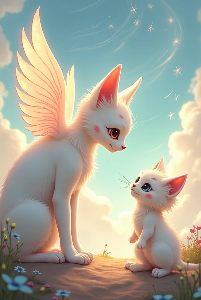 Picture book illustration, Watercolor picture book illustration, fairy tale big white cats, several big white cats with wings、Several big white cats flying in the sky、 Clouds, Bright pastel colors, dream, Colorful, capricious, Magical, masutepiece, Best Quality, Sharp Focus, Complex and detailed environments, Fine detail, 8K resolution、