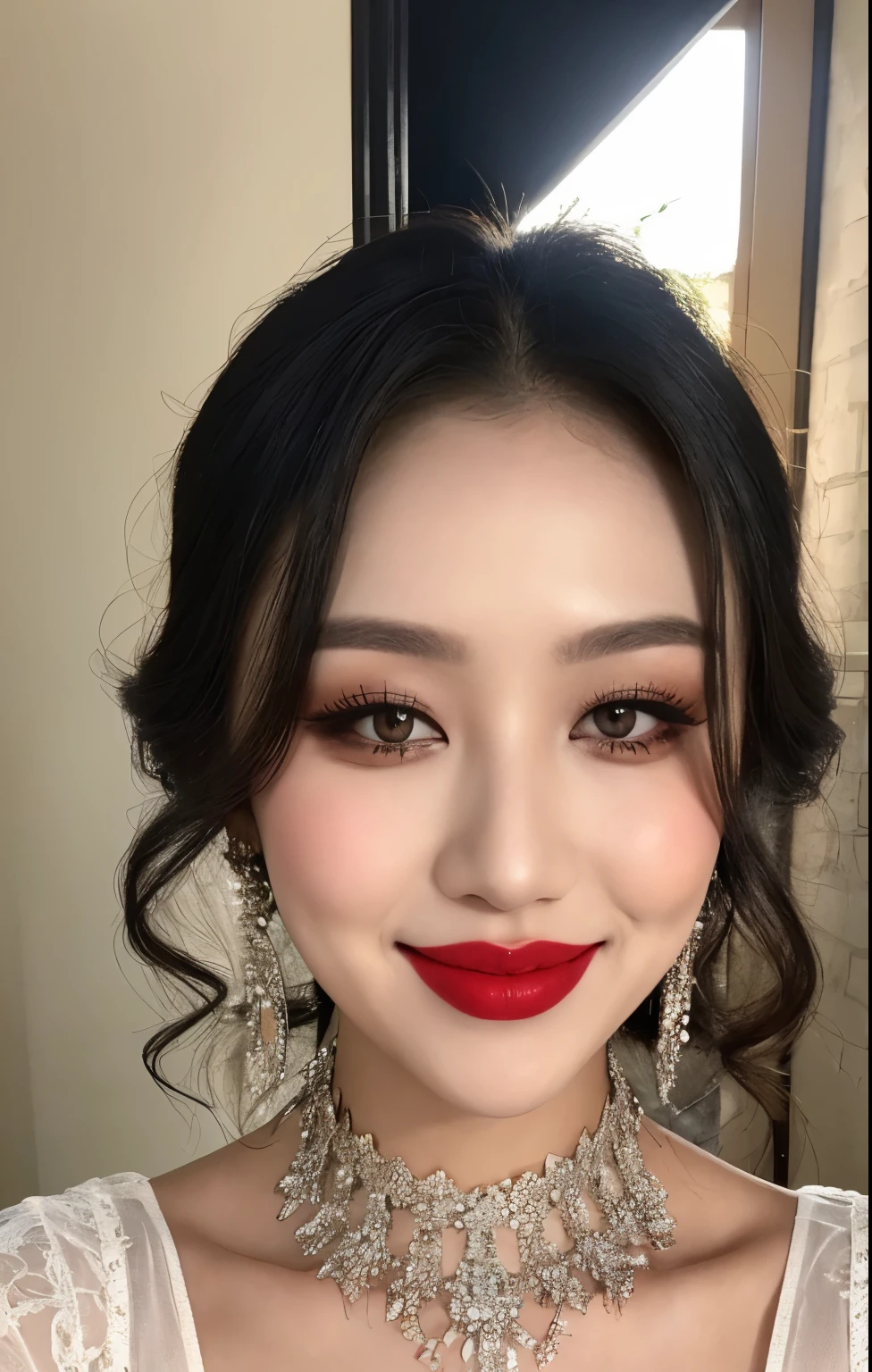 (best quality,4k,8k,highres,masterpiece:1.2),ultra-detailed,(realistic,photorealistic,photo-realistic:1.37),detailed eyes, detailed lips, exotic beauty, stunning features, dark hair, flawless skin, expressive eyes, radiant smile, traditional Indian jewelry, elaborate nose ring, intricate henna design, warm color palette, soft lighting, traditional Indian attire, close-up view of face. naked big breast, big nipples, latina style makeup hot red lipstick wow face