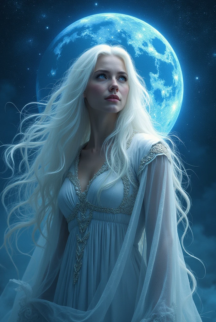 Moon Goddess　The background is a fantastic starless night　Face is clearly visible from the front　Celtic white clothing　smile