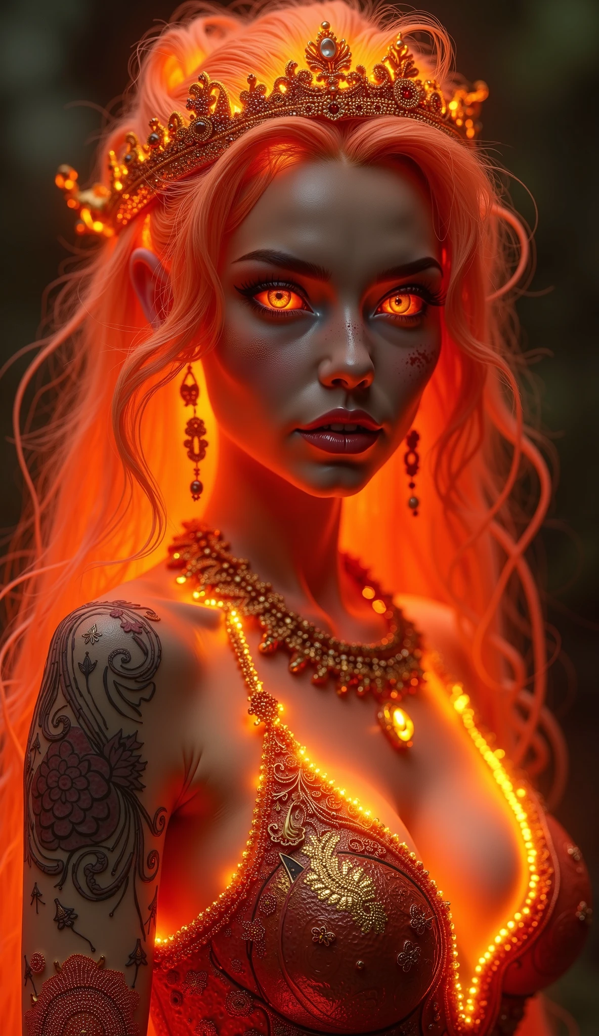 incredibly sexy , CUTE FIERY WOODEN ALE MAGICIAN. ABSURD 8K DETAILS AND TEXTURES . masterpiece fails. lava skin , LAVA FACE , lava hair .Breasts, jewelry , high resolution , masterpiece fails, Accuracy, Big breasts,