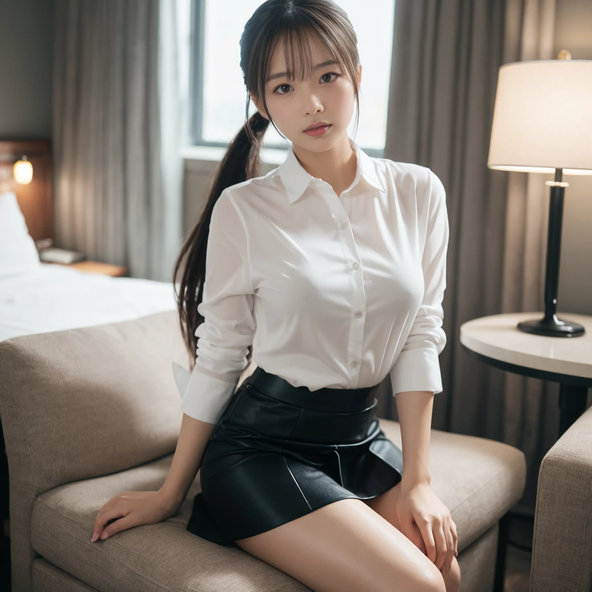 ultra Practical 8k cg, picture-Perfect face, Flawless, Clean, masterpiece, Professional artwork, Famous Artworks, Perfect face, Pretty Face, beautiful Eye, ((Perfect female body)), Solitary,(Immersive atmosphere, Chiaroscuro:1.5,Bright Light:1.2,Luminous lighting)
,,(blush:0.5),Expression,Very detailed_Eye,Thick thighs,Large Breasts,
Beautifully detailed backgrounds,Depth of Field,Practical:1.3, long shot,1 Girl,shirt,Pleated Skirt, , sit, whole body,
(Ambient Light:1.3),(Composition:1.3),(Neon:0.1),(HDR:0.1),Accent Lighting, White pantyhose,