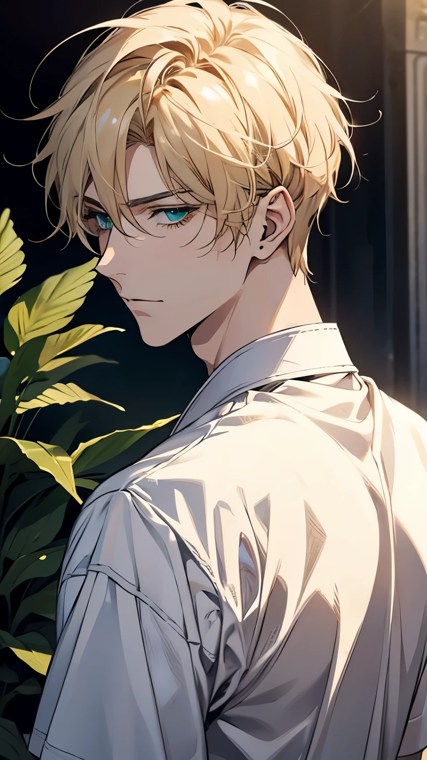one, male, person, emerald eyes without much decoration, Direct facial treatment , Short, well-groomed blonde hair ( Slightly down the back of his neck ) , 180cm, sunlight, Warm light , in anime-style ,Nobility,artist,seriousness, Pretty handsome man with a calm and pretty appearance .Beautiful and beautiful lashes , A very small pattern engraved under his right eye called A-001.White T-shirt.Calm looking .