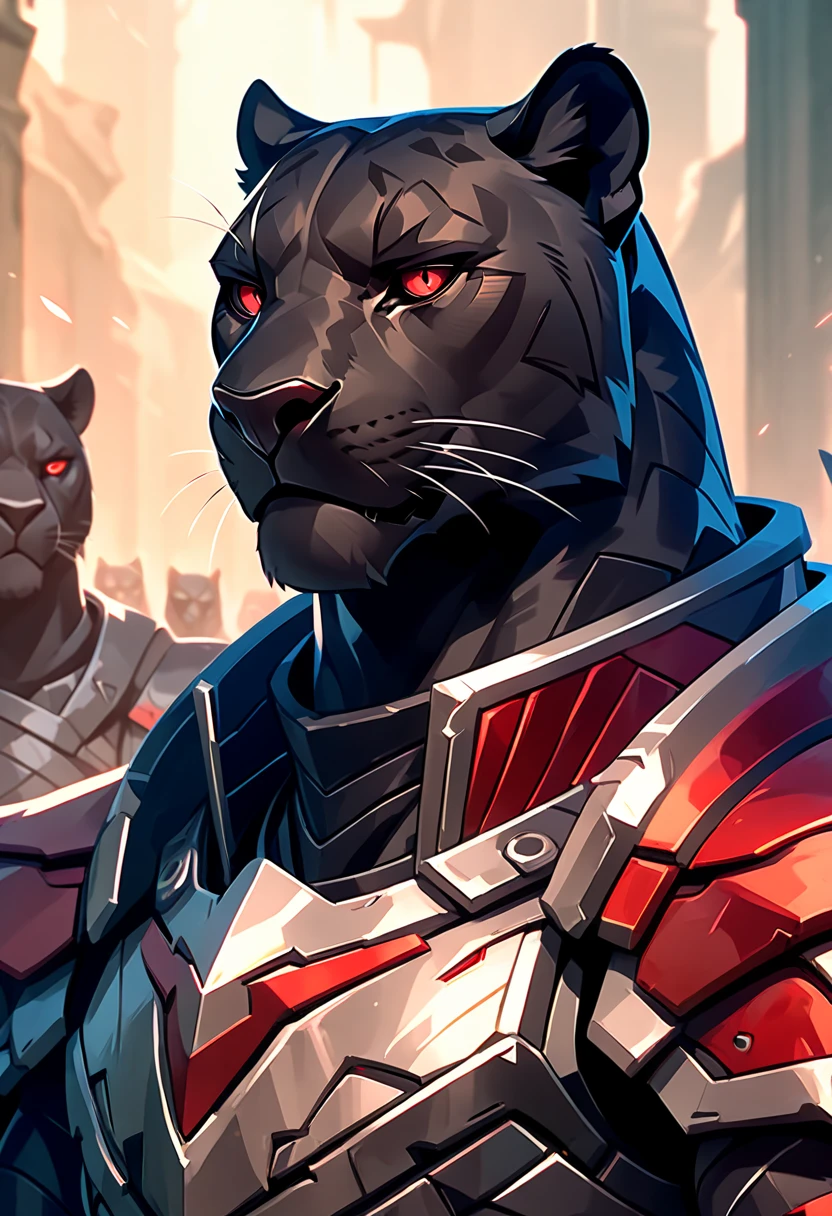 handsome anthropomorphic black panther with a black pelt wearing cyber knight armor, red eyes, arrogant, cocky, superiority complex, war general, scarred eye, black and red cyber armor