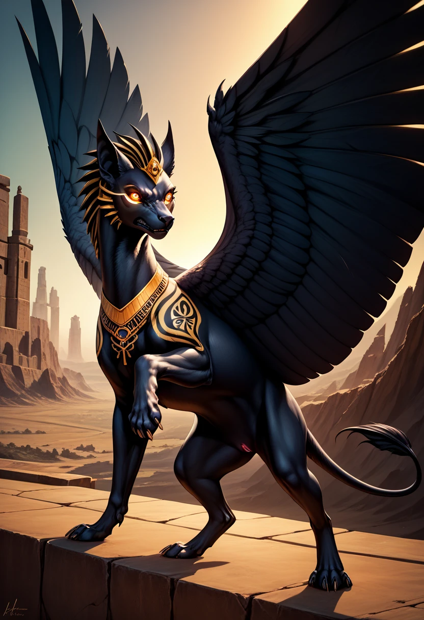 Masterpiece,  Best quality, full body, (((feral))), quadrupped,  Black griffin,  female, black body, black wings, angry demon, lies on bock, ((pussy)),  egypt landscape, golden tattoo body, sensual eyes, yellow pupil, glowing eyes, dark atmosphere,  shadows, detailed background, 