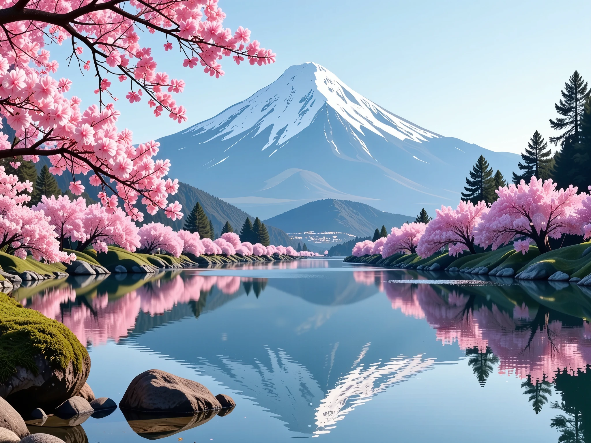 7. 桜and雪山が共存する春の風景

「 Mountain with Snow Remaining at the Summit 々and、そのふもandで満開の桜が咲き乱れるコントラストが美しい春の風景。水面に映り込む山and桜がさらに幻想的な雰囲気を作り出している。