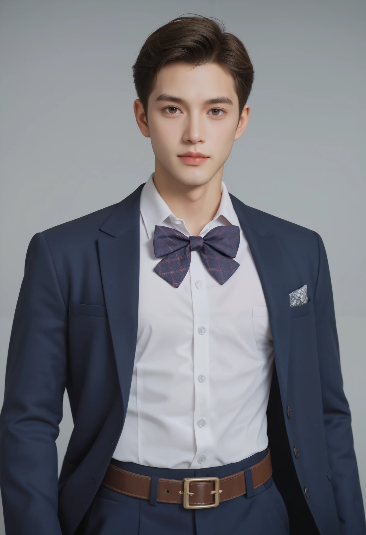 He wears a smooth shirt and is fully fastened , buckle to support the graceful a . On the top of the shirt he wears fashionable vest with 5 buttons , has a very narrow V-line , that allows most of the upper part to remain visible , even if the suit jacket is buttoned . The jacket has a wide V-neck , bow tie that reveals part of the majestic shirt , worn underneath and is worn with a small woven belt , that is held together with a large . A subtle touch of carefree , that works perfectly . His long sleeve , the coat covers it just above the waist and is almost fully buttoned in the upper right side. The jacket is perfect for him . It's a solid color without a , pattern that radiates elegance .