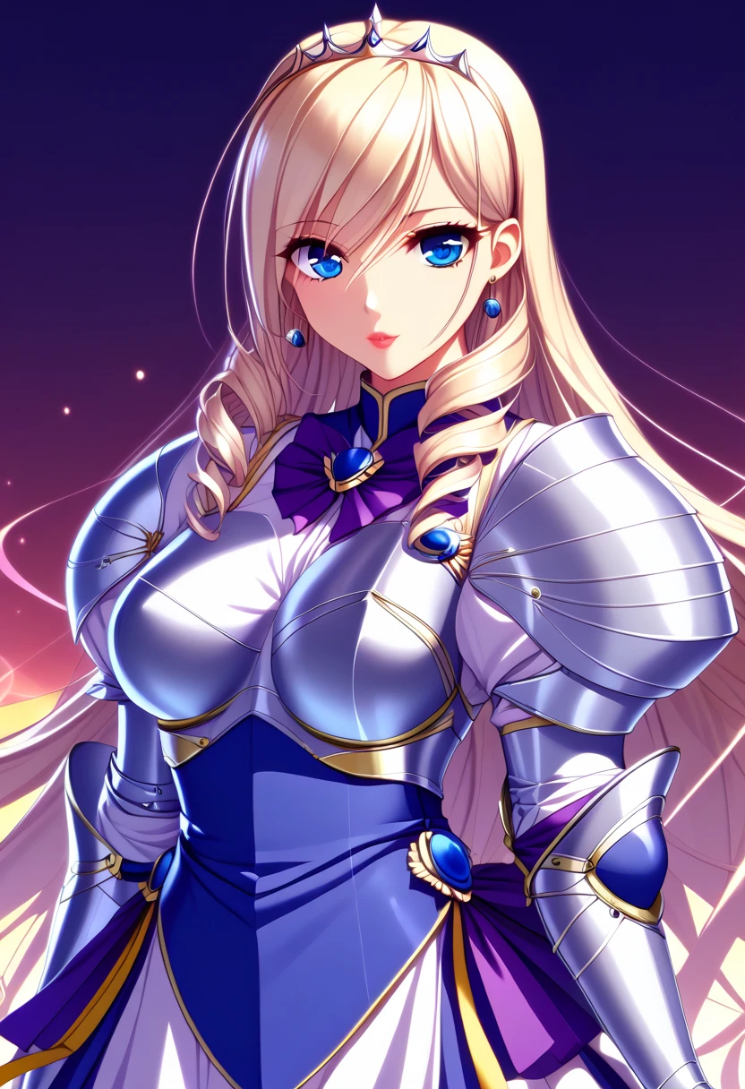 ((masterpiece)),  top quality ,  very detailed,( one girl), Knight Princess , Celia Aintree long hair,  blondes,  drill hair,  hair band ,  hair accessories, Blue Eyes, High gradation eyes,  hair tube,  dress, Dark Blue,  dress,  gloves, [Bare shoulders,  jewelry,  clevis on a stone,  princess, elbow  gloves, tiara ,brooch,white  gloves、 adult female 、thin、 very beautiful、 beautiful faces、(((Blue and silver armor、breastplate、 gauntlet、Shin guards、 shiny armor:1.2)))、 gold earrings、Golden Hair, Blue Eyes,  pink lips,  cowboy shot 