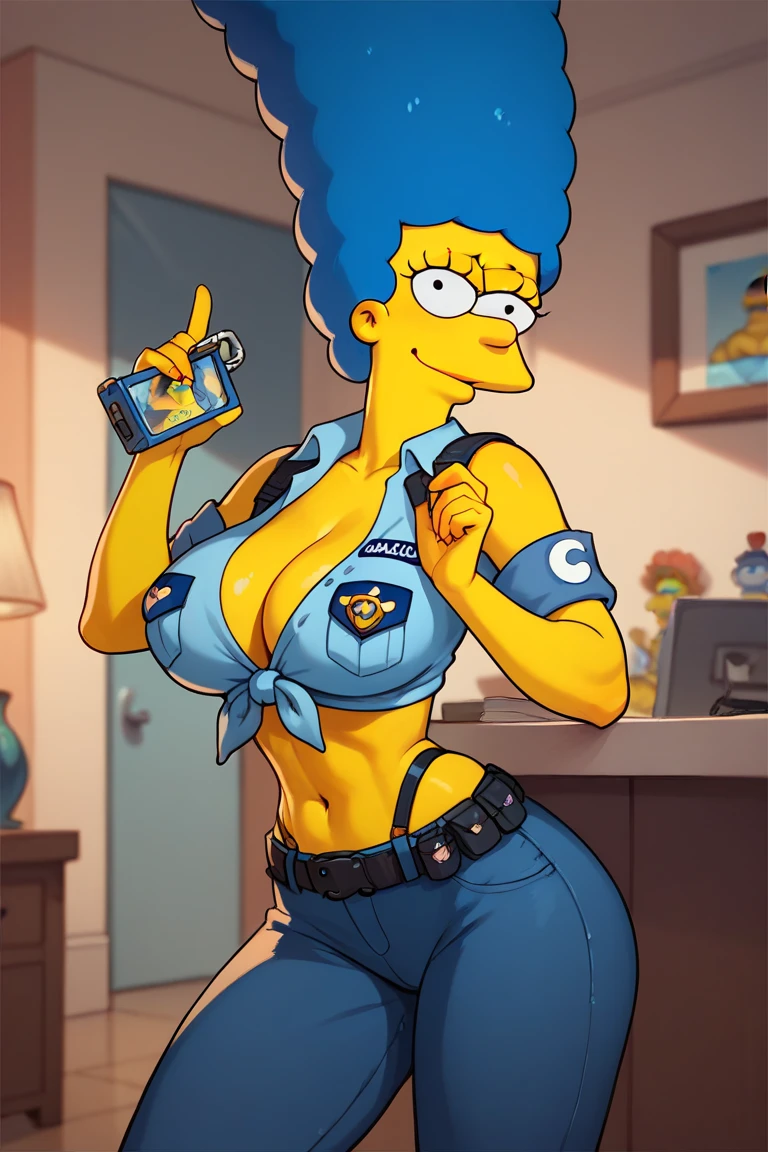 marge simpson, blue hair, red necklace, extra large breasts, cleavage, colored skin, yellow skin, green short bikini top, short shorts, angry, open-toe platform high heels, visible feet, thick thighs 
