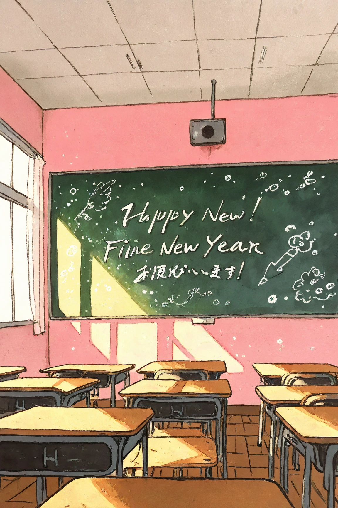   classroom with no one after school , on blackboard「happy new year」Character,window,Classroom on the 2nd Floor ,Painted in watercolor、 conceptual art    , Rory Greasley, Most beautiful view  ,  Big Perspective,   just a joke  ,  Visually Stunning Scenes ,  great background , Very Thin Ink Lines   ,Drawn with a single line,    ink outline   ,    Ultra Fine  , hand drawn, Very Thin Ink Lines    ,    Warm Line Art ,    Illustration Black Outline   , fine inking lines,  is anatomically correct ,  pink pastel illustration  ,happy new year詳細な説明