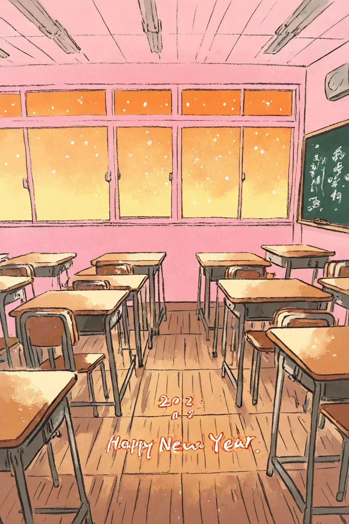   classroom with no one after school , on blackboard「happy new year」Character,window,Classroom on the 2nd Floor ,Painted in watercolor、 conceptual art    , Rory Greasley, Most beautiful view  ,  Big Perspective,   just a joke  ,  Visually Stunning Scenes ,  great background , Very Thin Ink Lines   ,Drawn with a single line,    ink outline   ,    Ultra Fine  , hand drawn, Very Thin Ink Lines    ,    Warm Line Art ,    Illustration Black Outline   , fine inking lines,  is anatomically correct ,  pink pastel illustration  ,happy new year詳細な説明