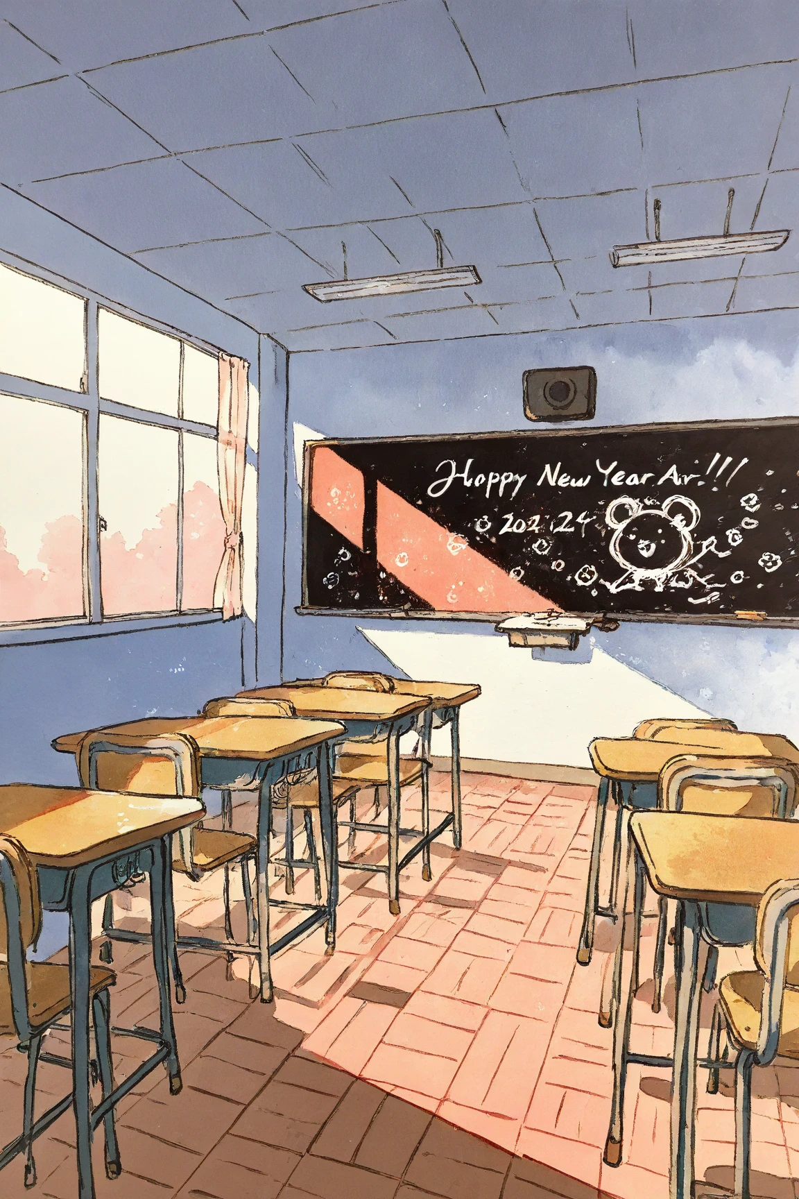   classroom with no one after school , on blackboard「happy new year」Character,window,Classroom on the 2nd Floor ,Painted in watercolor、 conceptual art    , Rory Greasley, Most beautiful view  ,  Big Perspective,   just a joke  ,  Visually Stunning Scenes ,  great background , Very Thin Ink Lines   ,Drawn with a single line,    ink outline   ,    Ultra Fine  , hand drawn, Very Thin Ink Lines    ,    Warm Line Art ,    Illustration Black Outline   , fine inking lines,  is anatomically correct ,  pink pastel illustration  ,happy new year詳細な説明