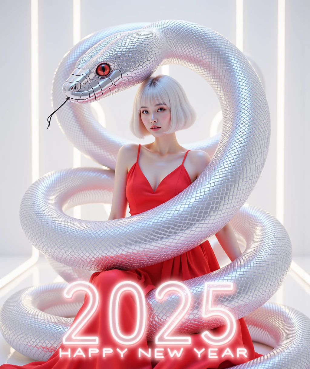 A woman with low angle shooting, short white hair, and wearing a red dress. She was wrapped around a huge black metal snake with reflective scales on its body. The background is white (with the artistic word "Happy New Year 2025" prominently displayed at the bottom), and the artistic style is surrealism, integrating futuristic neon aesthetics, aesthetic art, snake art, and studio lighting,