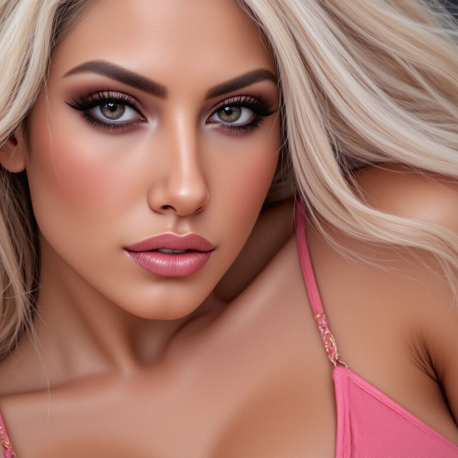 A close portrait of a woman, focusing on her eyes.  tanned, dark eyes,white With red highlights hair,, realistic, 4K, ultra detailed photography, sharp image,Full character. Silk dress with thin straps in beautiful pink. 