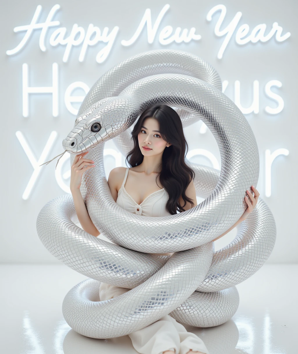 The photo depicts a woman with fair skin and black hair,wearing shiny white clothes. She was wrapped around a huge white metal snake with reflective scales. The background is white (with the artistic words "Happy New Year" prominently displayed at the bottom),and the artistic style is surrealistic,incorporating futuristic neon aesthetics,aesthetic art,snake art,and studio lighting,