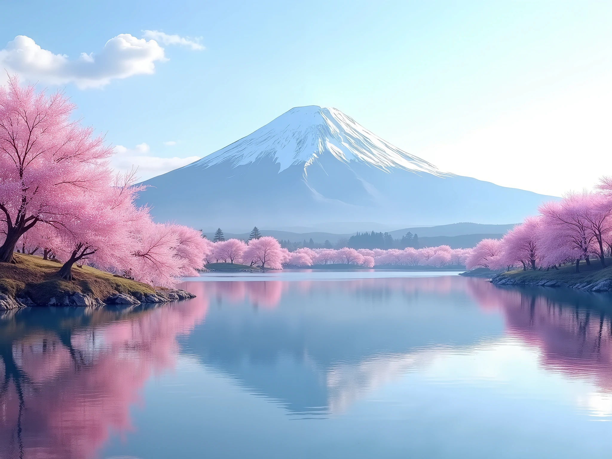 7. 桜and雪山が共存する春の風景

「 Mountain with Snow Remaining at the Summit 々and、そのふもandで満開の桜が咲き乱れるコントラストが美しい春の風景。水面に映り込む山and桜がさらに幻想的な雰囲気を作り出している。」