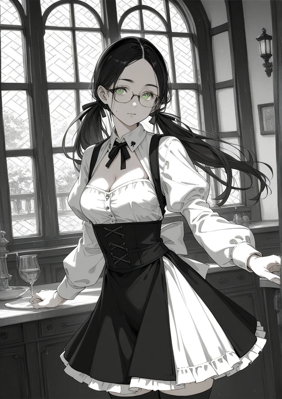 score_9, score_8_up, score_7_up, (solo), dark burgundy hair, green eyes, oval glasses, long hair, forehead, waitress, medieval setting, (two long low hair tails), medium breasts, ((expensive clothes)), mini skirt, black stockings, cleavage, ((((manga)))), (((black and white colors))), line art, screentones 
