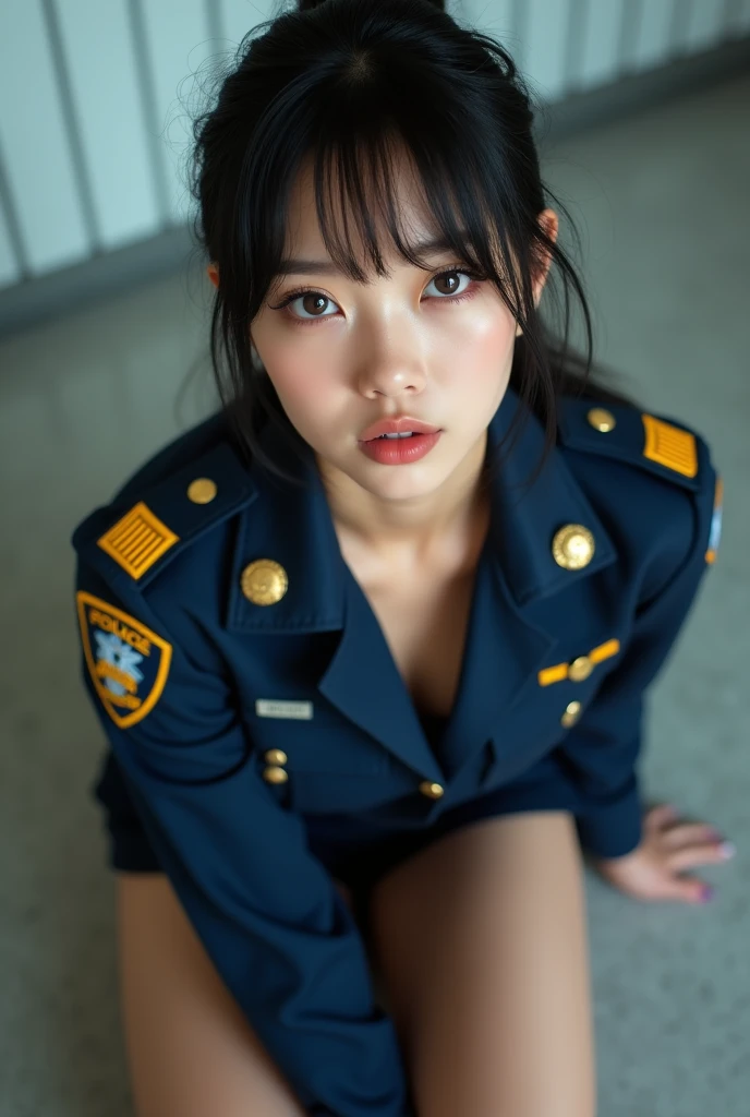 Japan woman, stewardess, sexy, cleavage, dark blue uniform, black pantyings, stairs inside the airfield