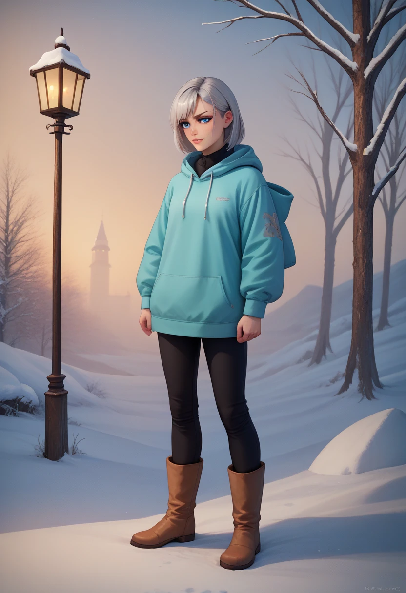 Elfa Eladrin winter ,  light gray bob hair with black ,  sky blue eyes, light skin,  pronounced neckline ,  moth hoodie ,  warm winter clothing ,  calf-length boots and wears gray , light blue, white, brown for clothes and that on the right hand has a crossbow and on the left hand a medieval lamp that is a character from Dungeons and Dragons