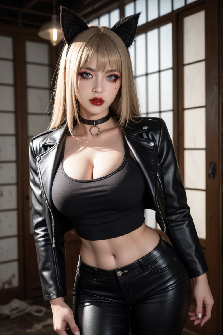 (NSFW:1.2),(((Highest quality: 1.4))),(An unparalleled masterpiece), (Ultra-high resolution),(Ultra-realistic 8K CG), Official Art,(((Large Breasts))), (((Adult body))), (((Girl in a sexual position))), , Punk girl with a perfect body, Metallic spine jacket,Beautiful and well-groomed face,,Detailed punk fashion,leather jacket, (Head to thigh image),(( Silver Hair, Long Hair )), small leather panties, Simon Bisley'Urban Brutalist Style,London detailed street background,Beautiful Abs, Complex graphics, Deep pink and white stars、Grey and white striped poison tattoo )),
