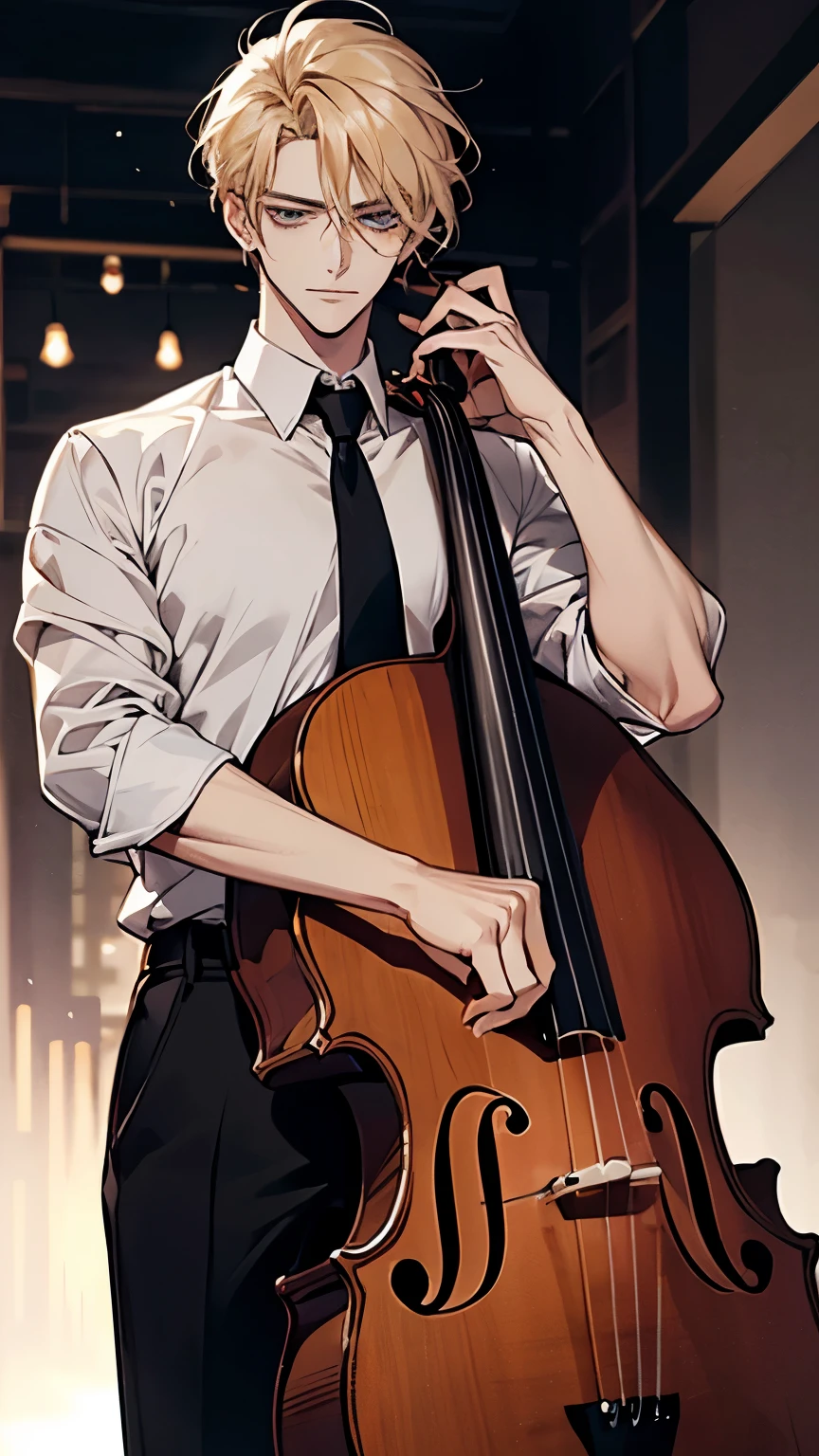 one, male, person,  'emerald light' eyes , Direct facial treatment ,  Short, well-groomed blonde hair ( slightly down the back of the neck ) , 180cm,  in anime-style ,Nobility,artist,seriousness, Pretty handsome man with a calm and pretty appearance .Beautiful and beautiful lashes , A very small pattern engraved under his right eye called A-001.White T-shirt( test subject ).Slander body . Specialty :Beautiful woman playing the cello ,frontal, handsome man with calm and weak appearance .