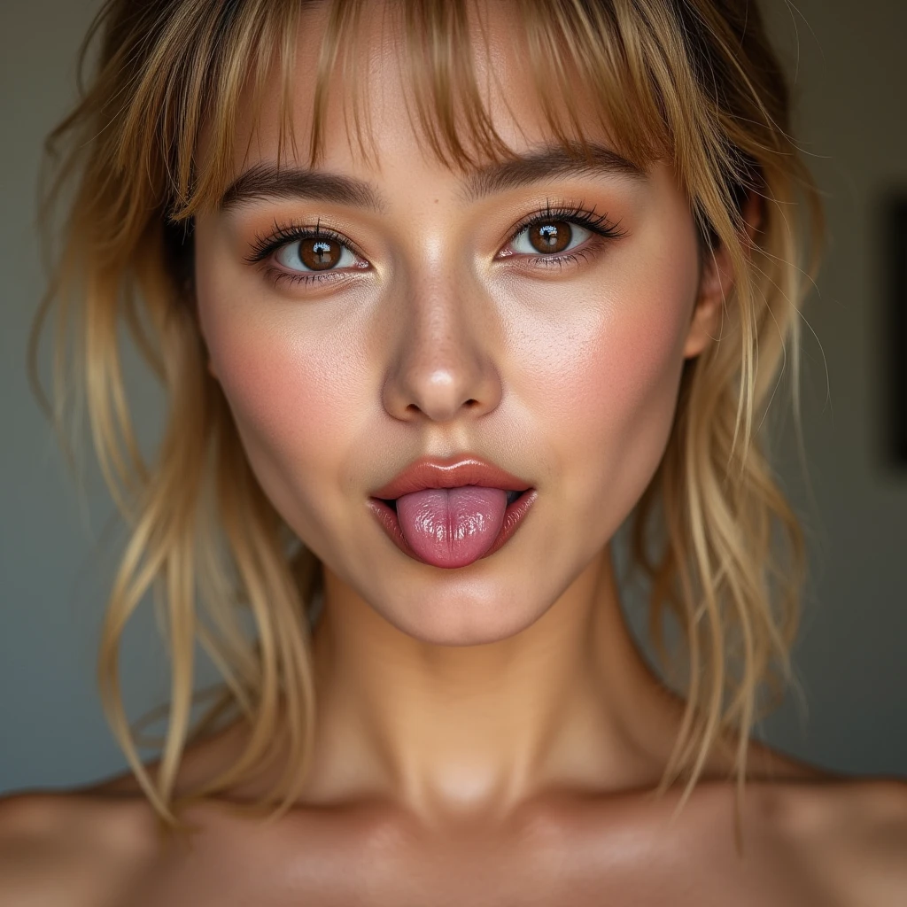 photographic, stick out one's tongue,   Front view,  New face make for feel model, neck from face upper only, American beautiful woman, Rebecca Ferguson, (blond middle hair, fringe nose tall, small lip),  (textured skin , HI detailed skin, super realism ,  masterpiece, Hi detail, skin)