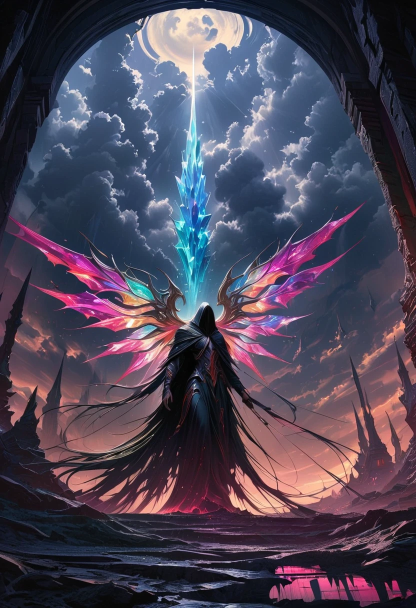 (masterpiece,  best quality: 1.2), Underground Angel,  colorful crystal wings , moonlight, Ominous clouds, Dark fantasy illustration style , Dark Arts,   high contrast with window ,  Dark Shadows ,  atmospheric perspective , Melancholic colors,  movie composition , Volumetric Lighting, number,  Brush Strokes ,   dramatic lighting  ,  low angle,  Surrealism ,   super detailed ,  hyperrealism 