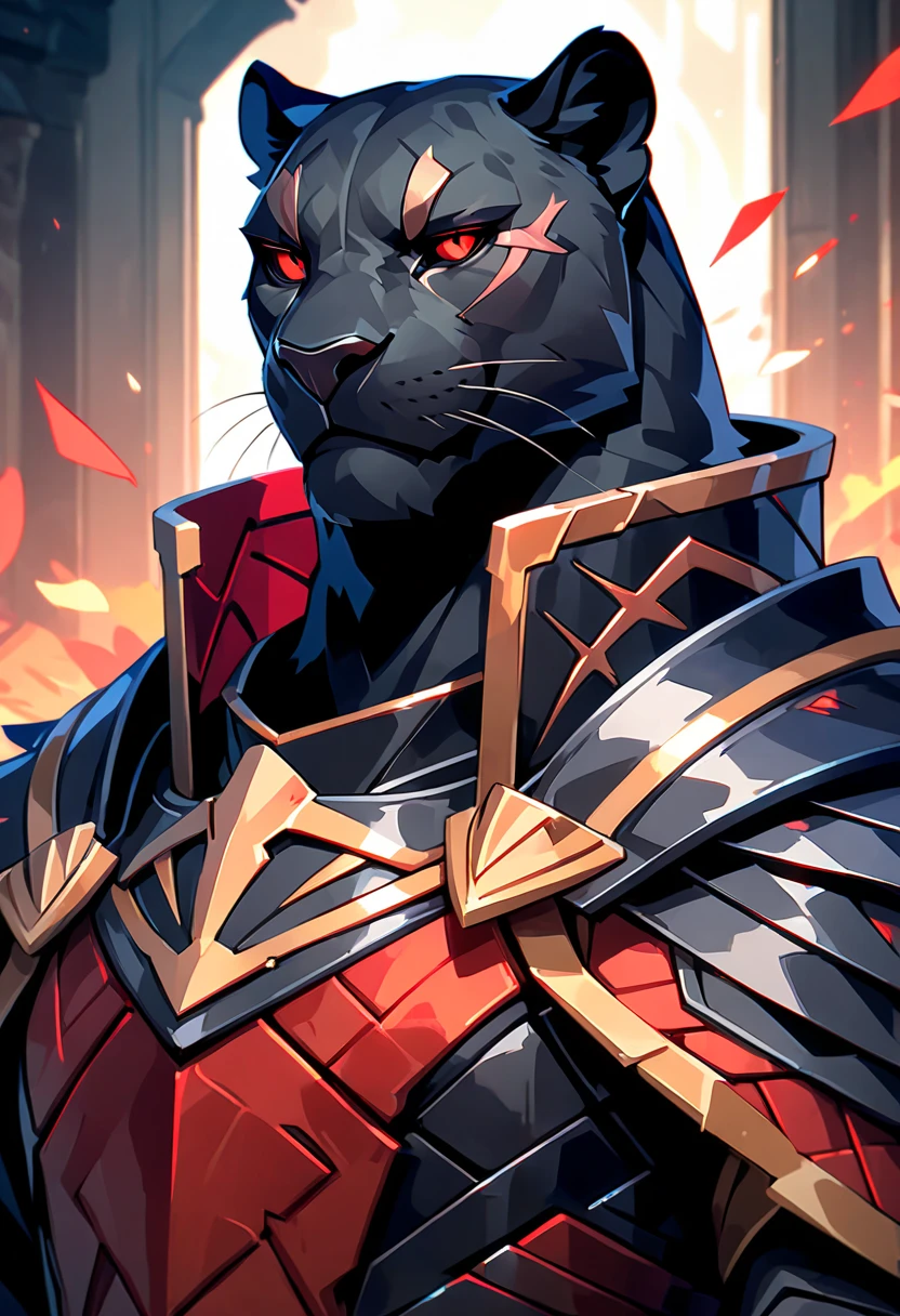 handsome anthropomorphic black panther with a black pelt wearing black cyber knight armor, red eyes, arrogant, cocky, superiority complex, war general, scar over right eye, black and red cyber armor, detailed furry art, light novel art, anime style, masculine, villainous, villain, evil