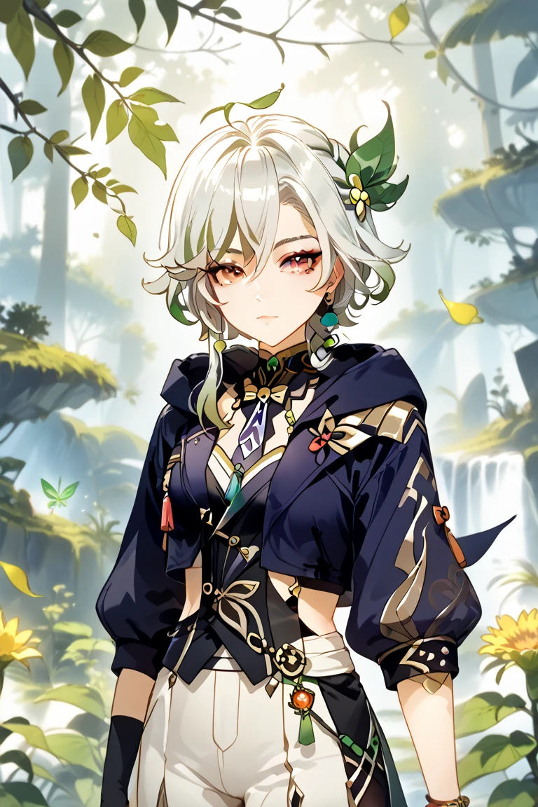 masterpiece, best quality,((ultra-detailed)), (illustration), ((an extremely delicate and beautiful)), solo, calm Expression (beautiful detailed eyes),(bright eyes) ,(detailed light),solo, bangs over one eye, green_eyes, headphones, short_hair, grey_hair, extremely detailed background, green trees, outdoor, sitting under a tree, elbow black gloves, sleeveless shirt, green cape, big breasts