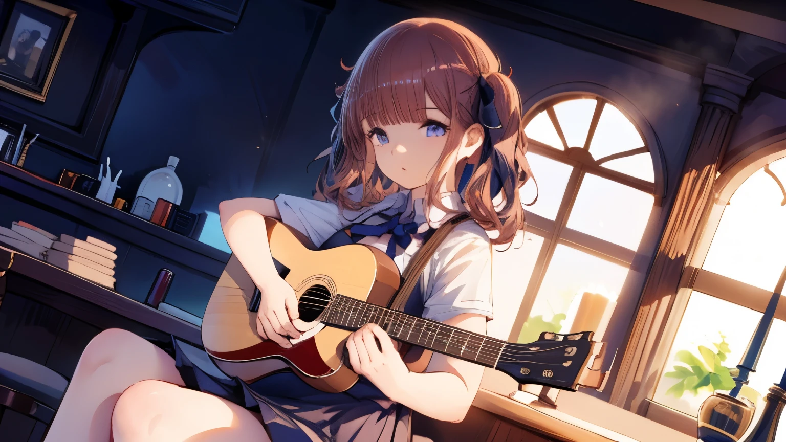 Girl holding a guitar in the center of the screen、 is sitting、whole body、The background is dark 、There are 4 candles 