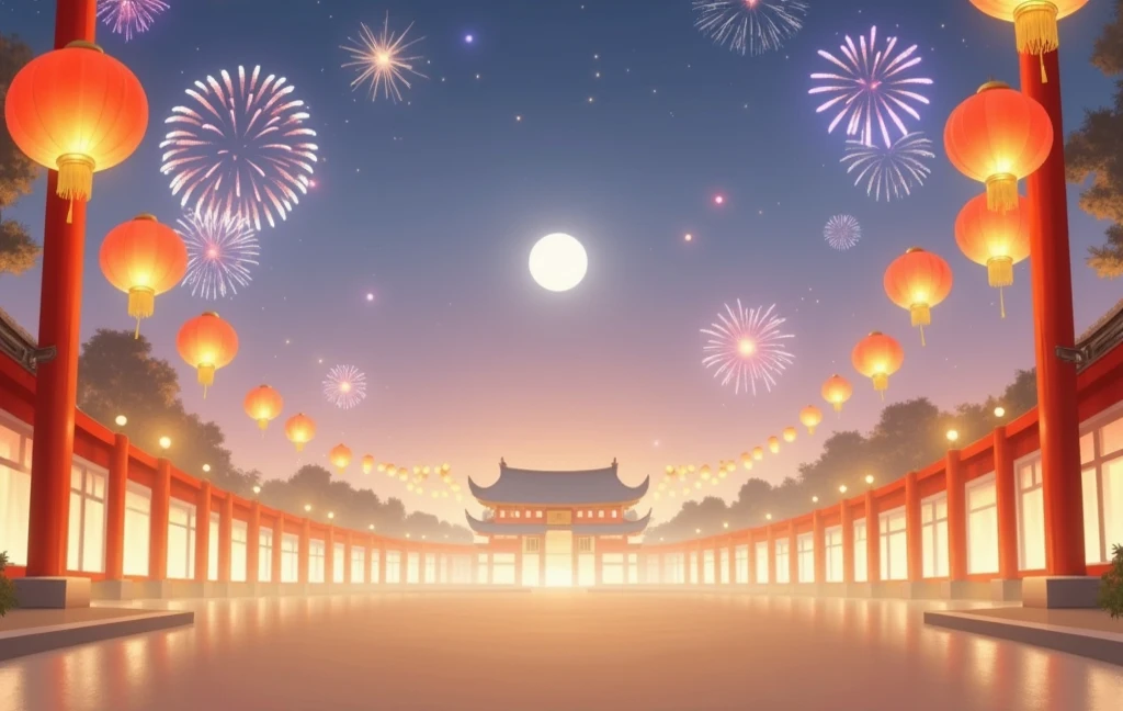 soft moonlight floods the midnight sky ,Spring Festival,architecture,fireworks,Atmosphere, HD,18k