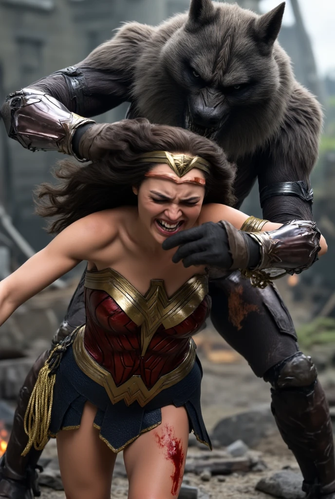 Gal Gadot is Wonder woman, fighting with the Steppenwolf, a very beautiful Korean face, very bright white skin, brown hair, leather fabric short skirt, dirty body, her arms are bounded by chain behind her back, she is defeated, the Steppenwolf severely assault from front of wonder woman, a huge body fierce Steppenwolf catch her from behind, the Steppenwolf is taller than Wonder woman, blood on her neck, painful face, she is screaming in pain, photorealistic, hyper realistic, whole body visible, ancient myth war,