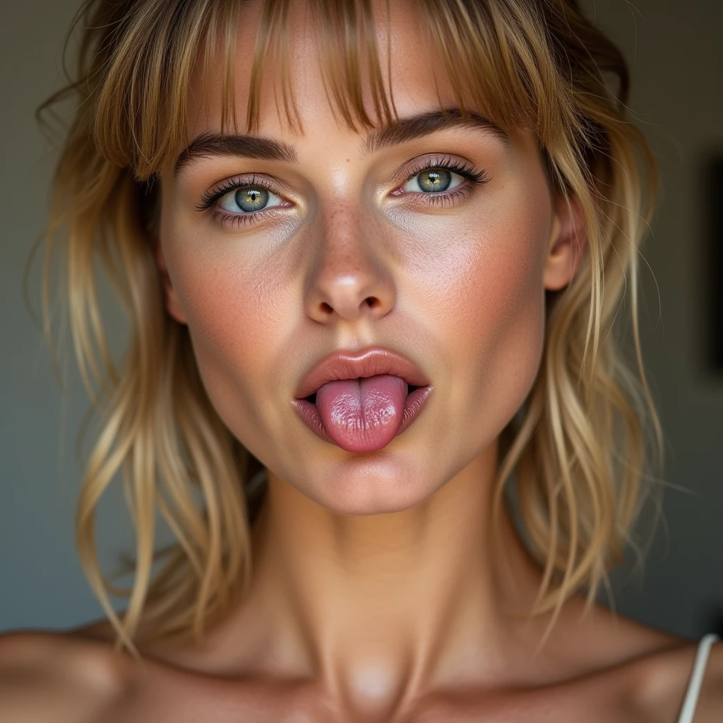 photographic, stick out one's tongue,   Front view,  New face make for feel model, neck from face upper only, American beautiful woman, Rebecca Ferguson, (blond middle hair, fringe nose tall, small lip),  (textured skin , HI detailed skin, super realism ,  masterpiece, Hi detail, skin)