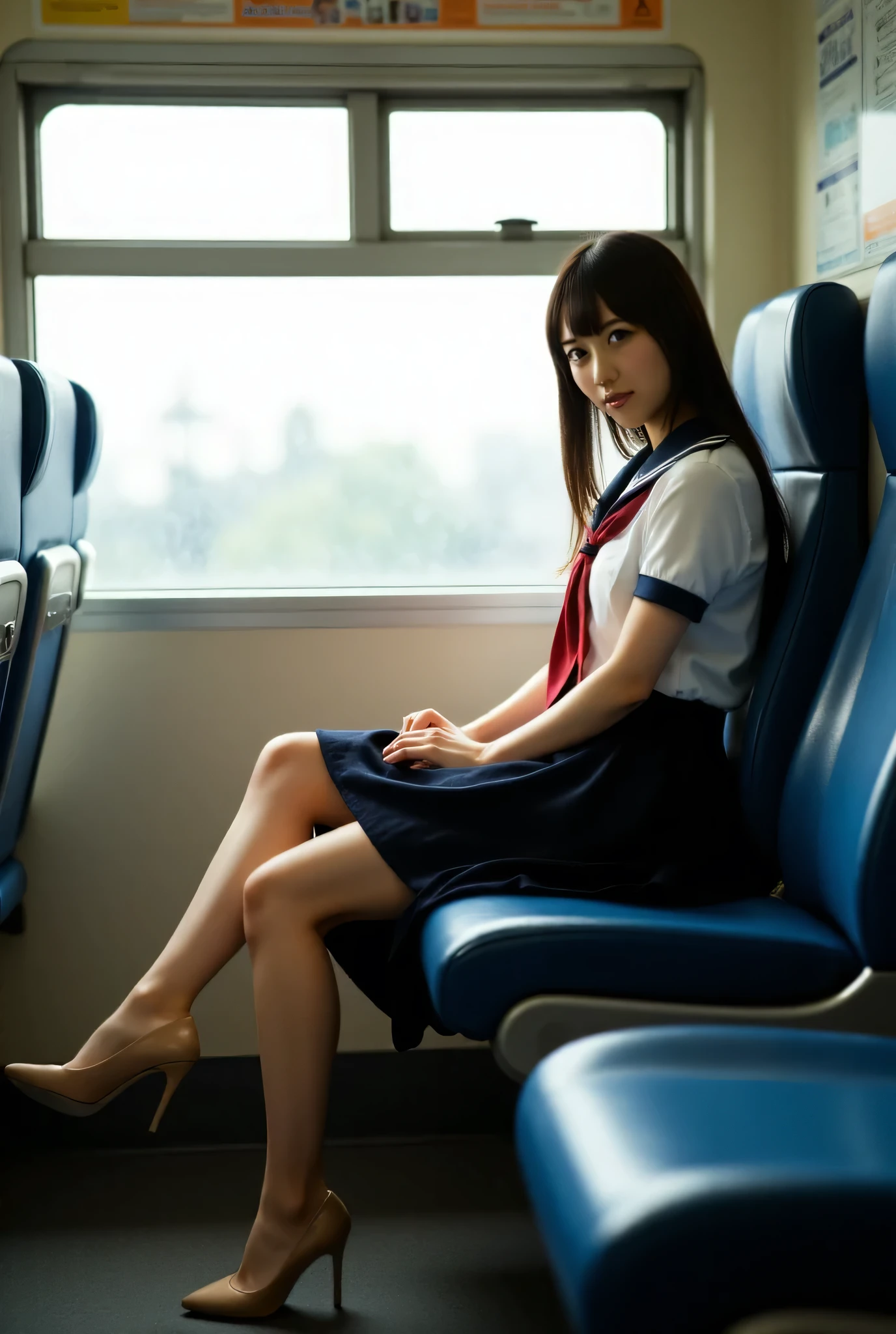 A woman in a high school uniform sits with her legs spread and lifts her skirt , wearing Lofer, It's live-action, Sitting in train longseat, lots of yellow pee, (peeing blush), embarrassed, peeing ,pee, shot From below,