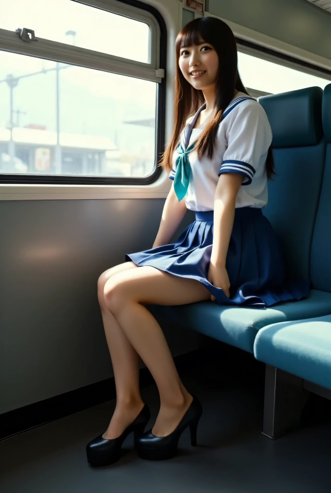 A woman in a high school uniform sits with her legs spread and lifts her skirt , wearing Lofer, It's live-action, Sitting in train longseat, lots of yellow pee, (peeing blush), embarrassed, peeing ,pee, shot From below,