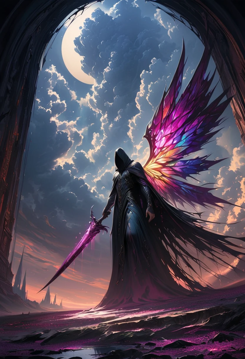 (masterpiece,  best quality: 1.2), Underground Angel,  colorful crystal wings , moonlight, Ominous clouds,  dark fantasy illustration style , Dark Arts,   high contrast with a window ,  Dark Shadows ,  atmospheric perspective , Melancholic colors,  movie composition , Volumetric Lighting, number,  Brush Strokes ,   dramatic lighting  ,  low angle,  Surrealism ,   super detailed ,  hyperrealism 