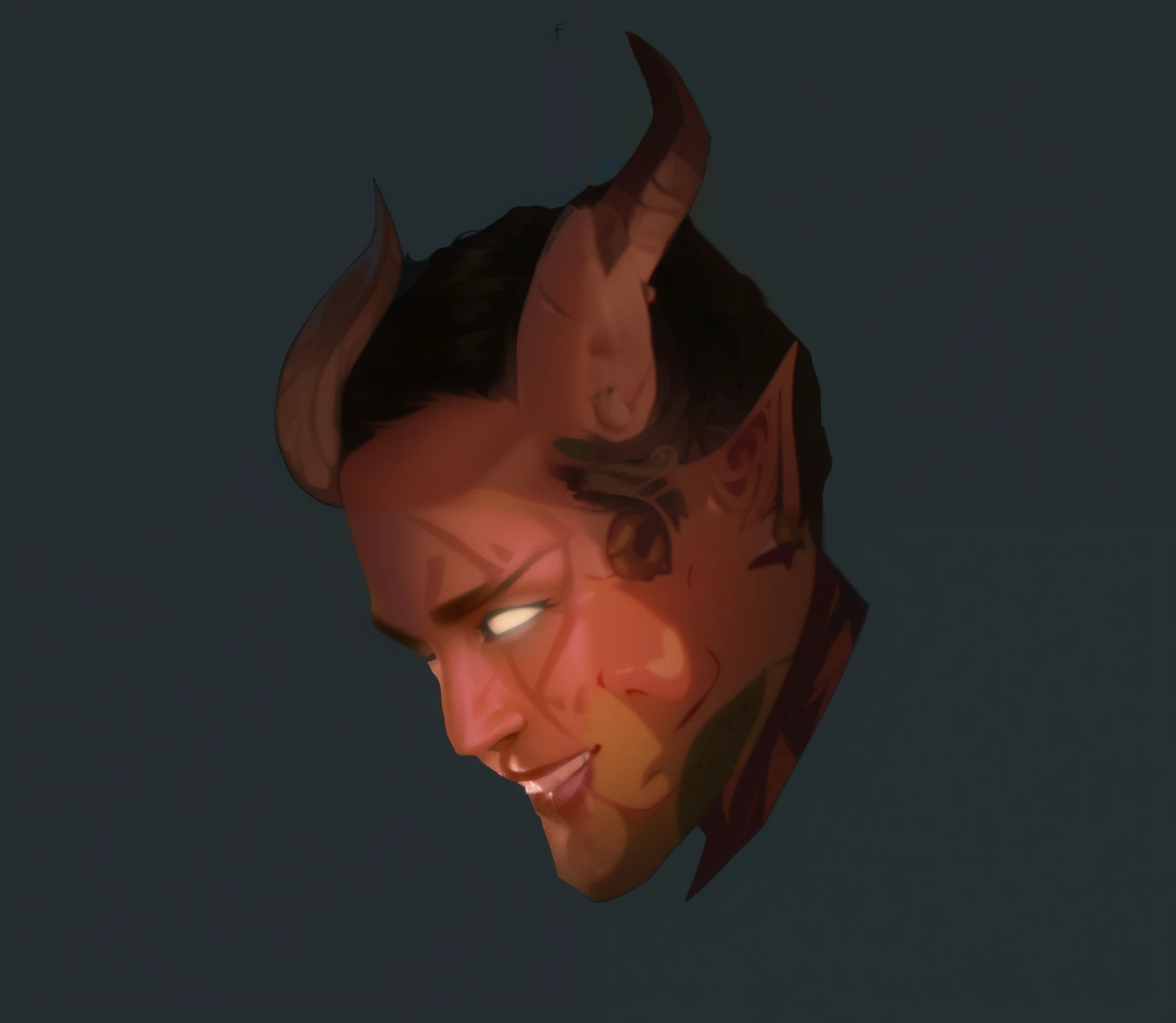 A tiefling man with horns, slight facial hair and moustche, smiling, Charlie hunnam, Dnd artstyle, digital illustration. 8k resolution. Side head shot,  Dnd artstyle, digital art, 8k resolution, stunning. Dnd artstyle, 2 people, digital illustration, brushstrokes, very hot and handome, Dnd arstyle
