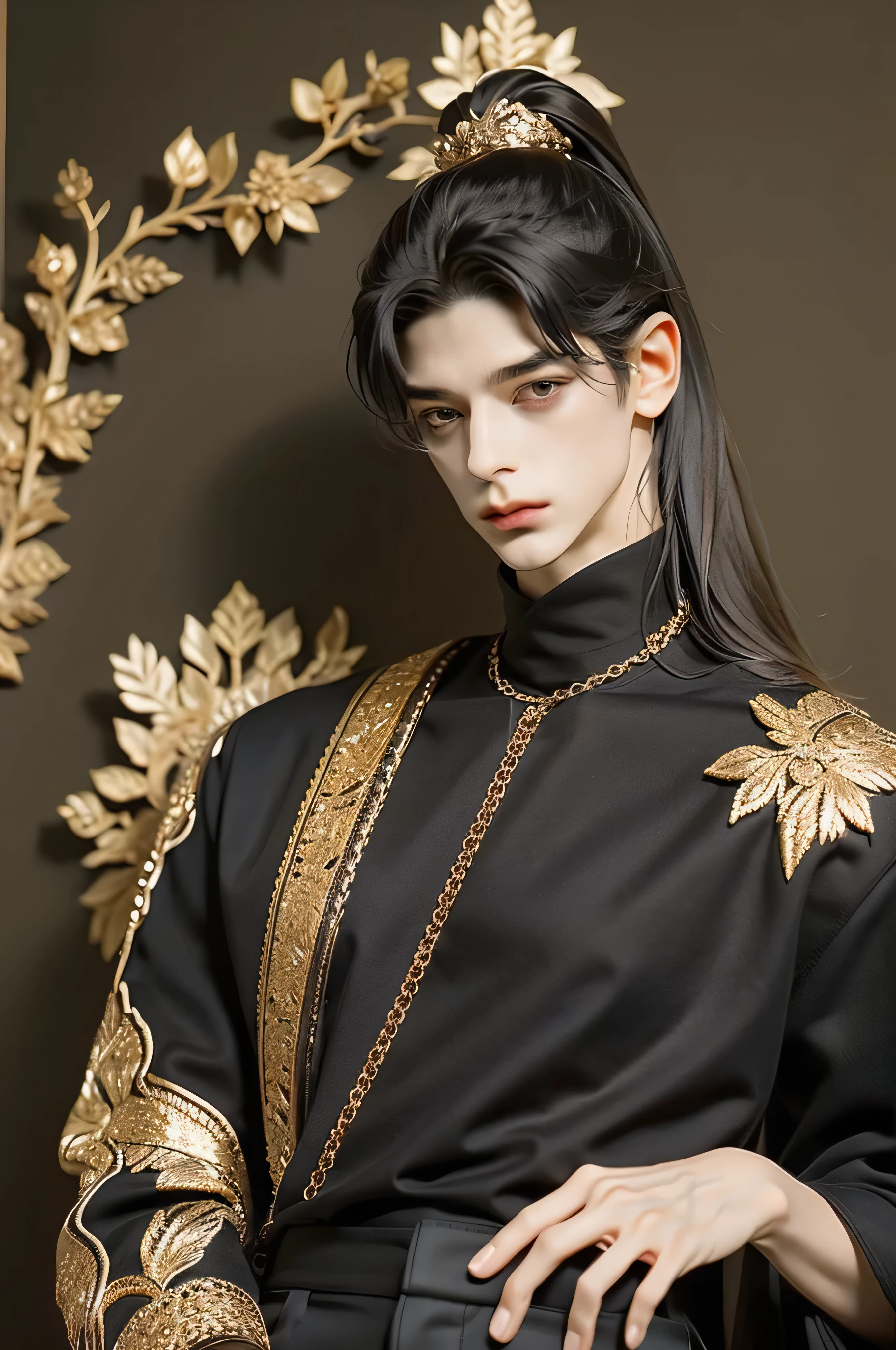 A pretty handsome, delicate, Skinny Male, black hair, high ponytail, Slender and thin body, Delicate and soft facial features, soft_light, pointy ears, assassin, killer, Wearing a black Chinese vintage killer outfit, ((fancy luxurious black top and black pants)), Royal Wardens, black top with gold embroidery, he's wearing an arm guard in black and gold 
