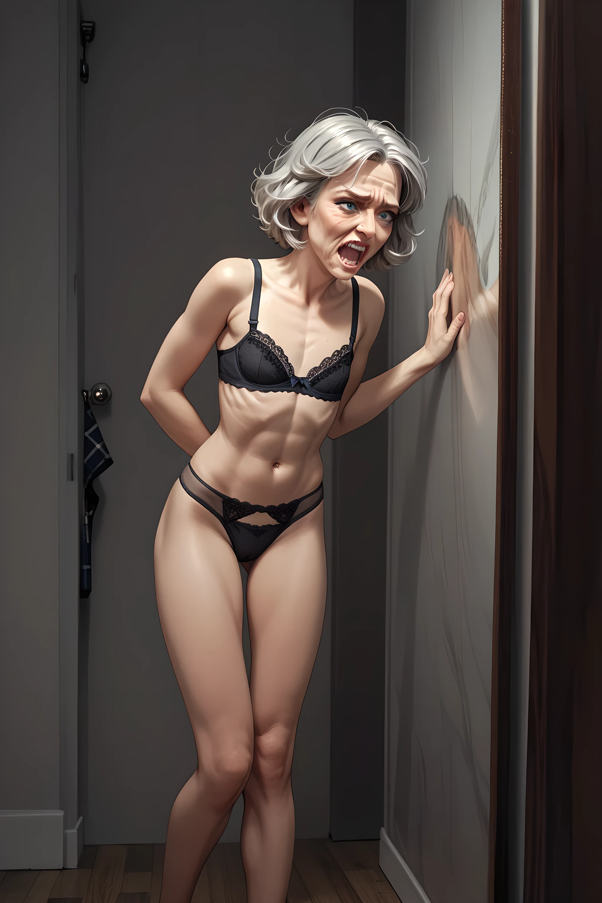 score_9, score_8_up, score_7_up,, elderly woman in the , short gray hair, dark blue eyes,(flat chest_smallbody_frail_wrinkly), looking in mirror, screaming in pain, black bra_panties_long, hallway, leaning on wall